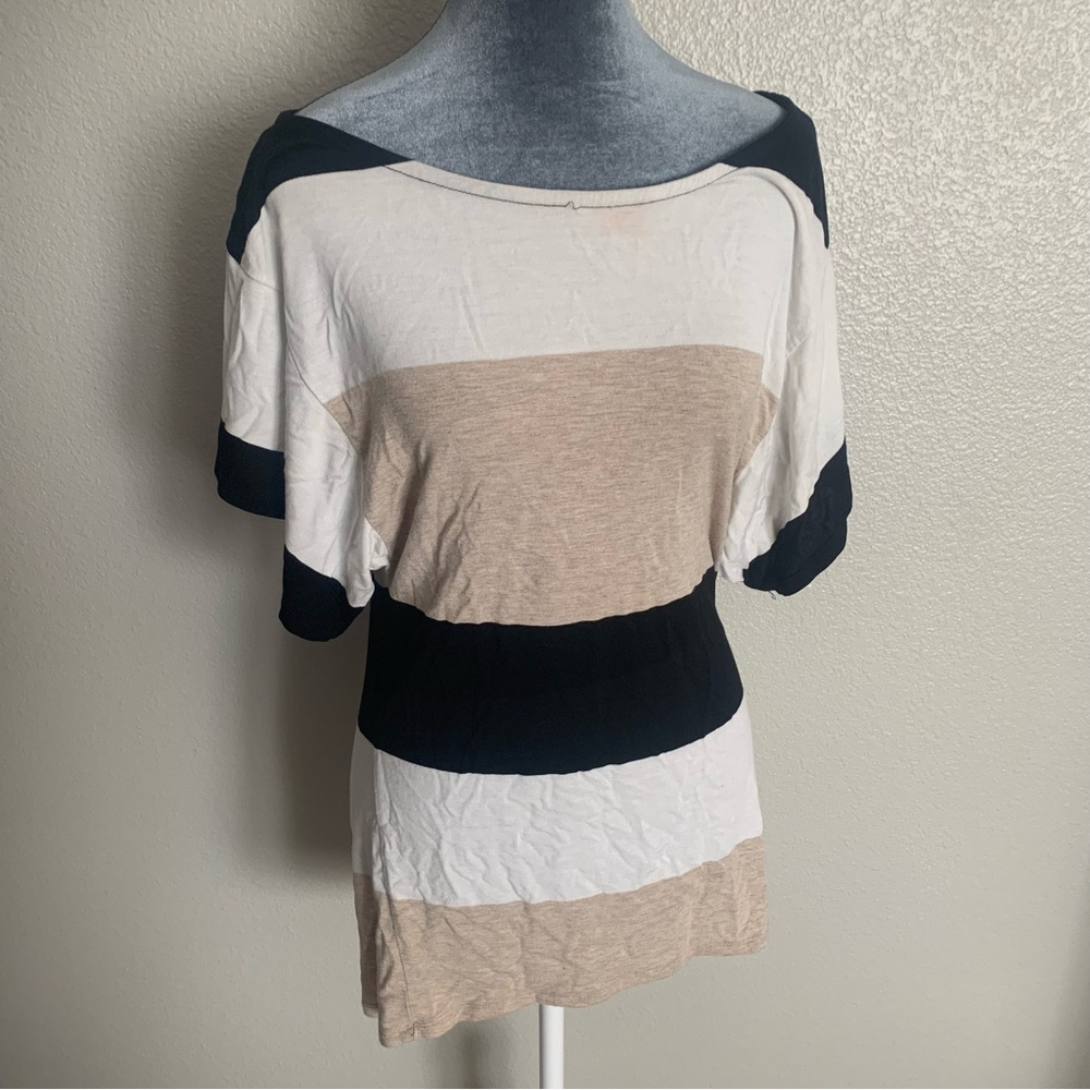 bebe Striped Short Sleeve Tunic in Black, White & Beige PRICE FIRM!